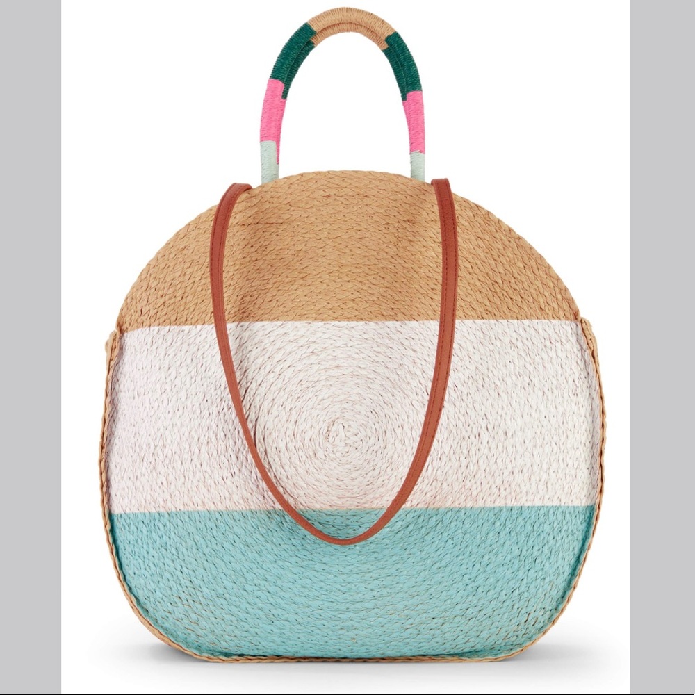 Time & Tru Straw Circle Tote Handlebag